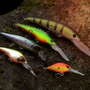 Group of fishing lures wobblers on a wet stone with moss